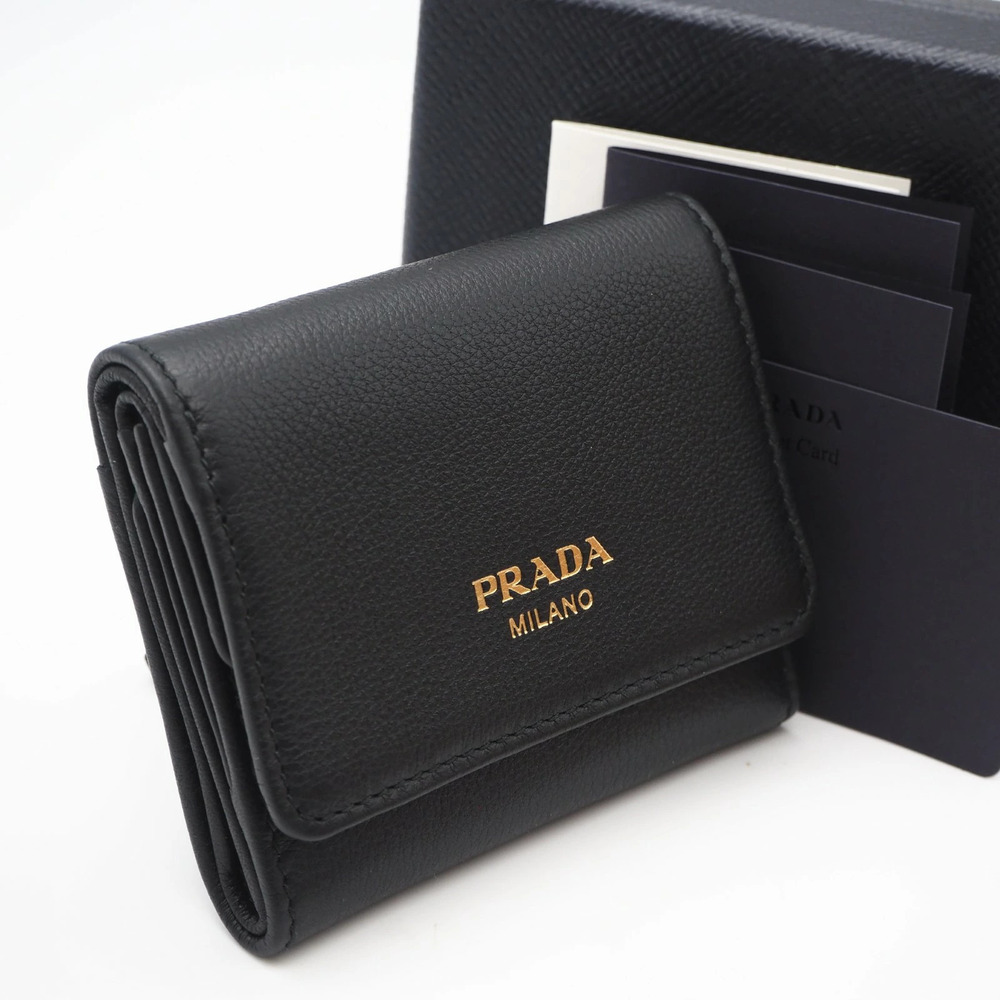 Prada Porta Piccolo Pattina soft leather compact wallet Nero Black trifold black